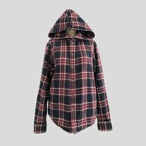 TNA Red Blue Plaid Organic Cotton Flannel Hoodie Shacket Top Womens Size Small